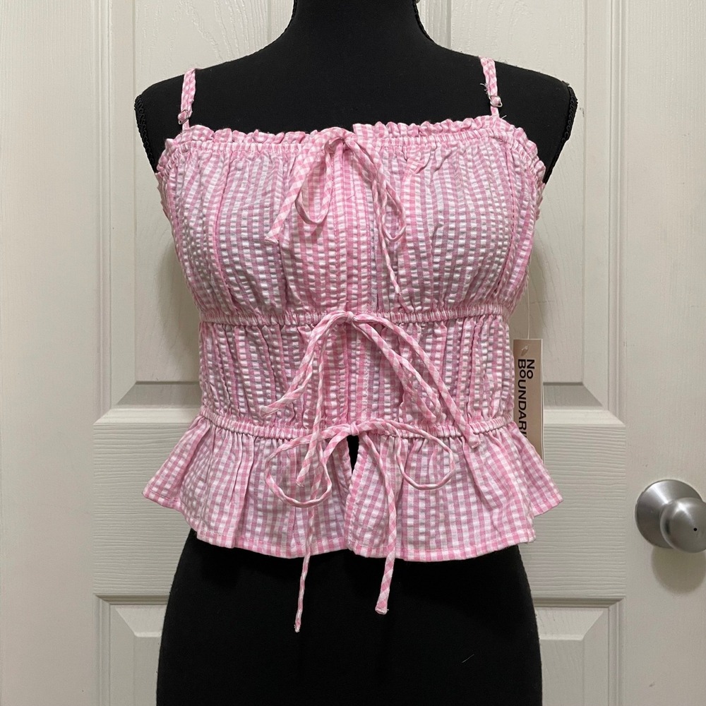 NEW No Boundaries Pink Gingham Smocked Cami Crop Top Tie‎ Front Ruffle Hem XS